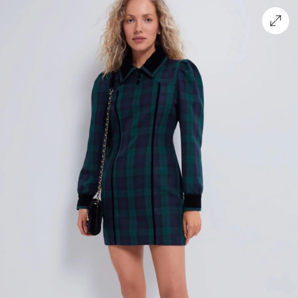 Tuckernuck Green and Navy Plaid Velvet-Trim Mini Dress